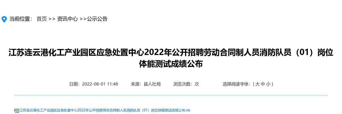 江苏连云港化工产业园区应急处置中心2022年公开招聘劳动合同制人员消防队员（01）岗位体能测试成绩公布                进入阅读模式 图片